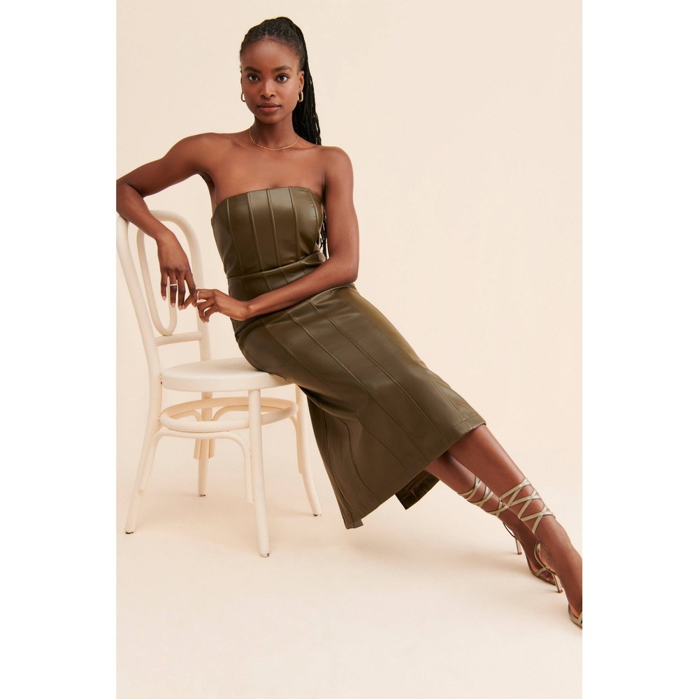 Anthropologie | En Saison Vegan‎ Leather Strapless Midi Dress — Olive —Sz Medium